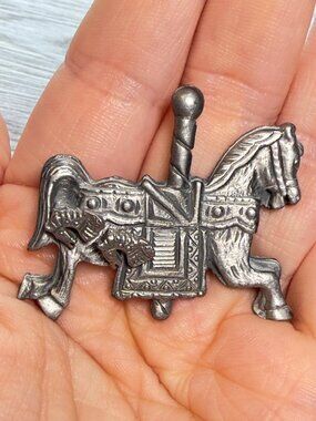 Vintage Pewter Carousel Horse Brooch Gray Silver Tone Horse Pin Western